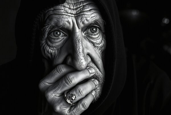 Black and white portrait of an elderly person with a hood, showing wrinkles and a thoughtful expression with a hand over their mouth in a contemplative pose.