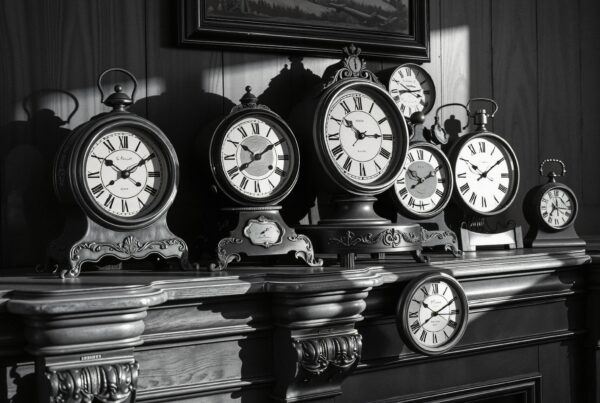 A collection of vintage clocks sits on a wooden mantle, showcasing intricate designs and Roman numerals in a classic, sepia-toned setting.
