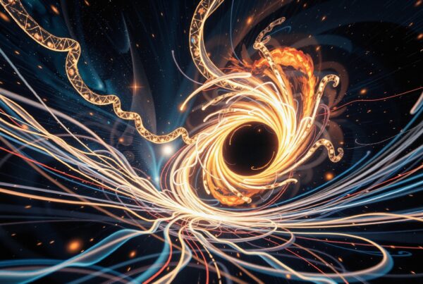 Captivating cosmic scene with swirling energy and black hole-like focal point.