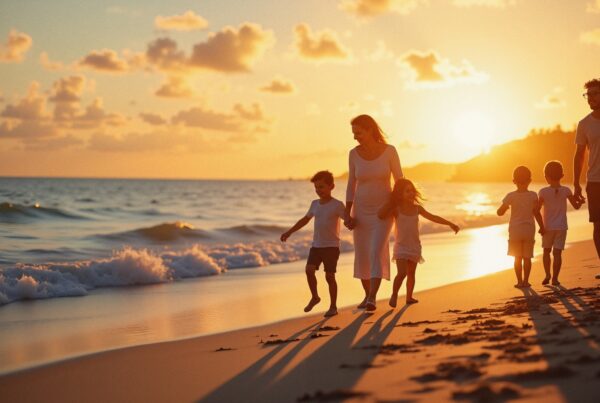 A family walks hand-in-hand on a beach during a stunning sunset, enjoying the golden light and ocean waves.