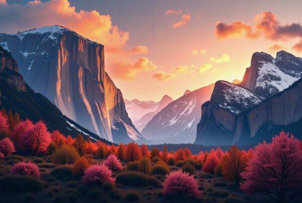 A stunning sunset over snow-capped mountains with vibrant, colorful trees in the foreground.