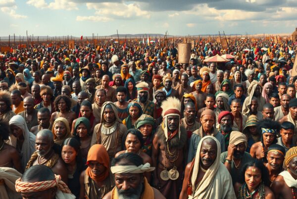 A large, diverse crowd gathers under a cloudy sky, showcasing cultural attire and expressions.