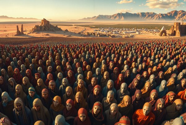 An expansive crowd dressed in colorful clothing stands in a vast desert landscape with a distant mountain range and ancient structures on the horizon.