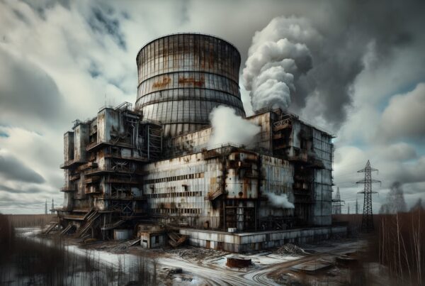 Abandoned industrial power plant with rusted structure, dramatic skies, and billowing smoke, conveying a desolate and eerie atmosphere.