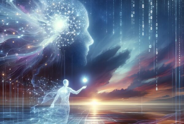 Translucent figure reaching glowing orb amidst digital sky.