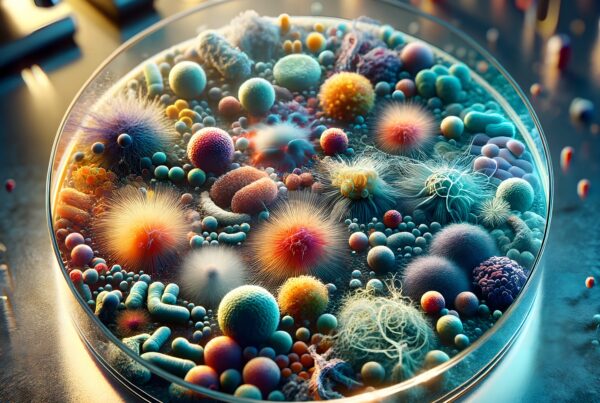 Vibrant microorganisms in colorful abstract petri dish.