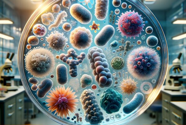 A Petri dish with diverse microorganisms in a laboratory setting.
