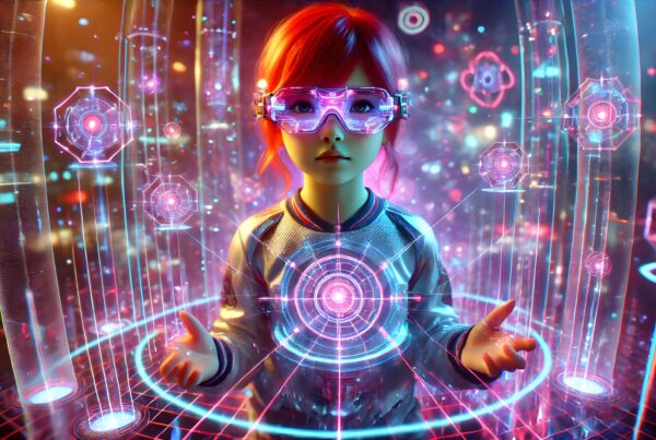 Young girl in futuristic setting with neon-lit holograms and transparent goggles.
