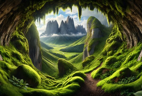 "Stunning cave with moss-covered entrance opens to majestic mountain peaks and a verdant valley."