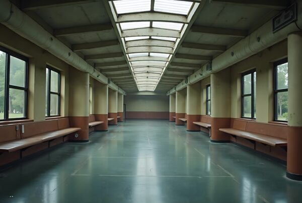 A spacious, symmetrical corridor with skylights and benches.