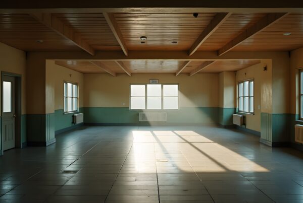 A sunlit empty room with large windows, casting distinct shadows on the floor, creating a serene and peaceful atmosphere.