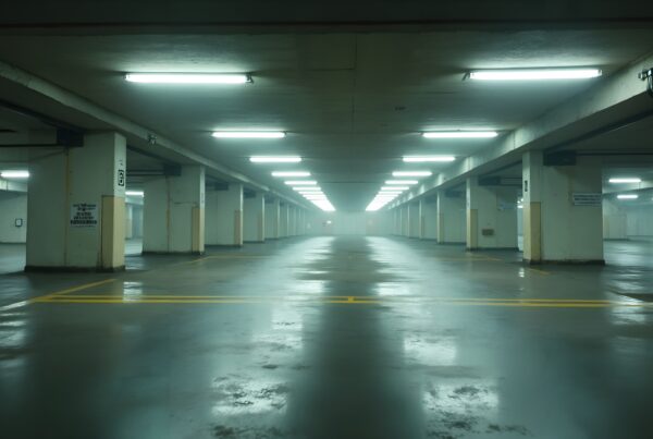 A spacious underground parking garage with fluorescent lighting and an empty, reflective concrete floor.