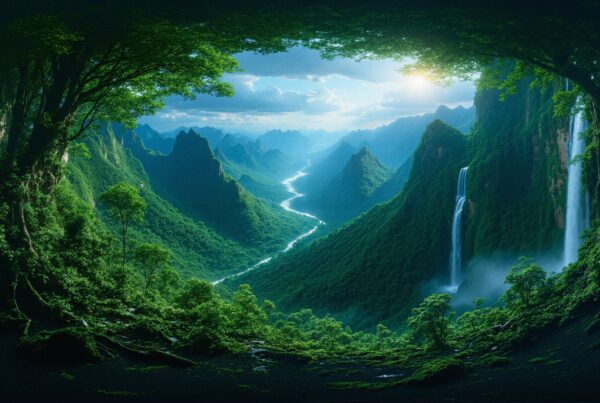 "Lush green valleys with waterfalls under a bright sky, framed by trees."