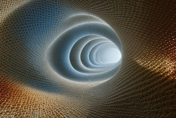 Tunnel with glowing grid pattern, creating depth.