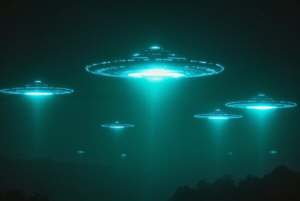 A fleet of glowing UFOs hover over trees at night in a science-fiction scene.
