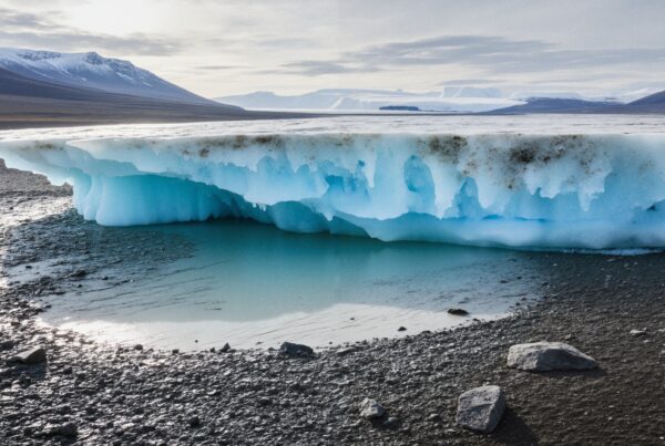 A stunning blue ice formation surrounded by rocky terrain with snow-capped mountains in the background.