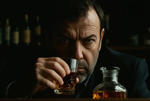 A thoughtful man holding a whiskey glass in a dimly lit bar.