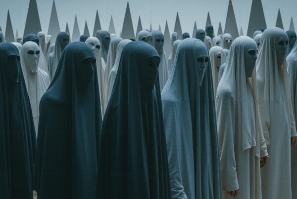 A group of shrouded figures in masks standing in front of geometric structures, depicting themes of anonymity and uniformity.