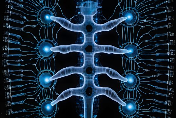 Futuristic image of a cybernetic spine integrated with glowing blue circuitry.