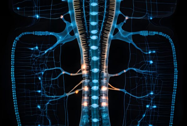 A digital illustration of a futuristic neural network system with glowing nodes and pathways representing the human spine.