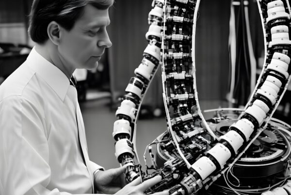 A scientist examines complex robotic machinery in a lab.