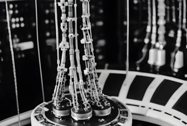 A futuristic machine with intricate vertical tubes and complex components.