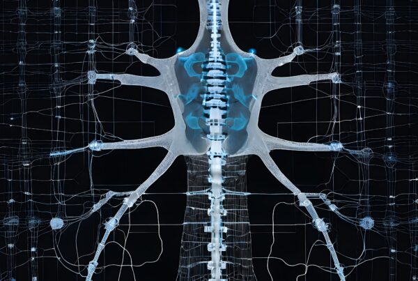 A digital illustration depicting a futuristic view of the human nervous system in blue tones against a black background.