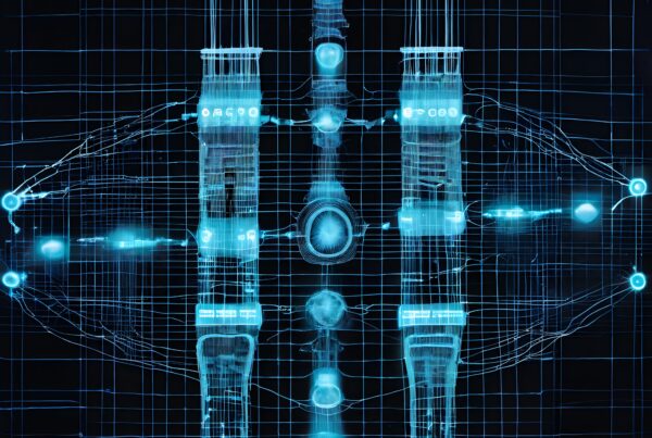 A digital blueprint showcasing a futuristic robotic design with glowing blue lines on a dark background.
