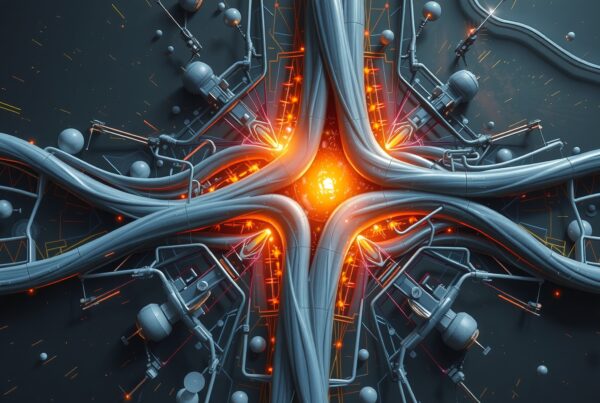 Intricate network of futuristic cables surrounding a glowing core.