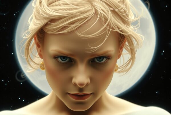 A captivating portrait of a woman with an intense gaze, framed by the moon and stars.