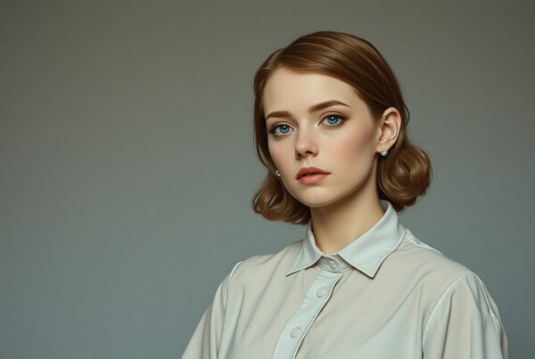 Elegant portrait of a woman with blue eyes, short hair, and a white blouse against a neutral gray background.