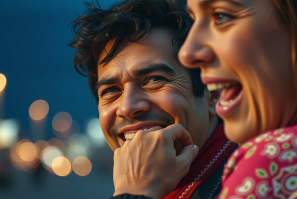 Two people laughing warmly outdoors in the evening against blurred city lights.