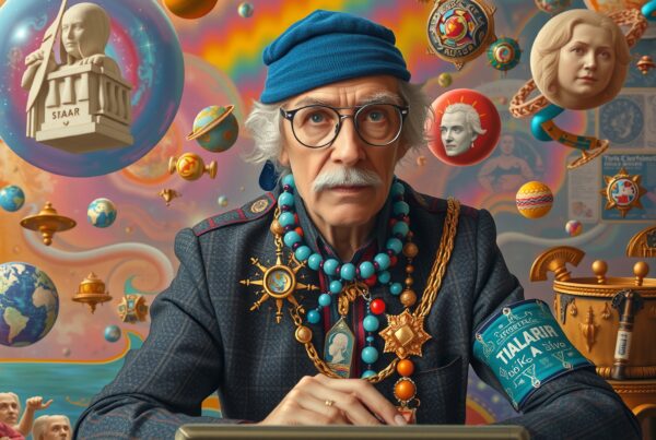 Surreal portrait of an eccentric man surrounded by floating cosmic elements in a colorful, psychedelic setting.