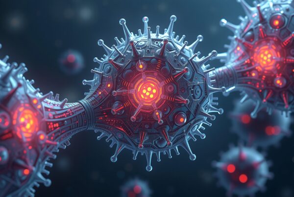 Digital rendering of a futuristic virus with glowing red cores and intricate high-tech patterns.