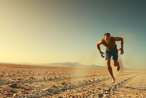 A man runs barefoot across a vast, rocky desert landscape under a clear sky.