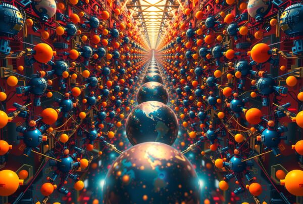 A futuristic landscape of symmetrical spheres and complex technology.