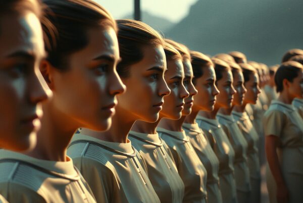 A line of individuals in cream uniforms stand in profile, creating a serene, ordered scene.