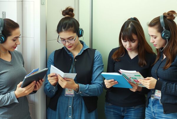Four women wearing headphones reading educational materials in a hallway setting.