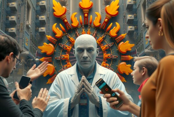A futuristic scene with a central figure surrounded by flame-like symbols and people using smartphones, emphasizing tech and mystery.