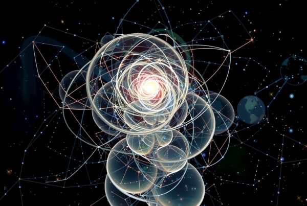 A vibrant abstract representation of cosmic spheres interconnected by geometric patterns and glowing light, depicting the universe's intricate tapestry.