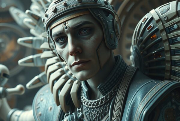Steampunk warrior with metallic armor and a small humanoid robot companion.