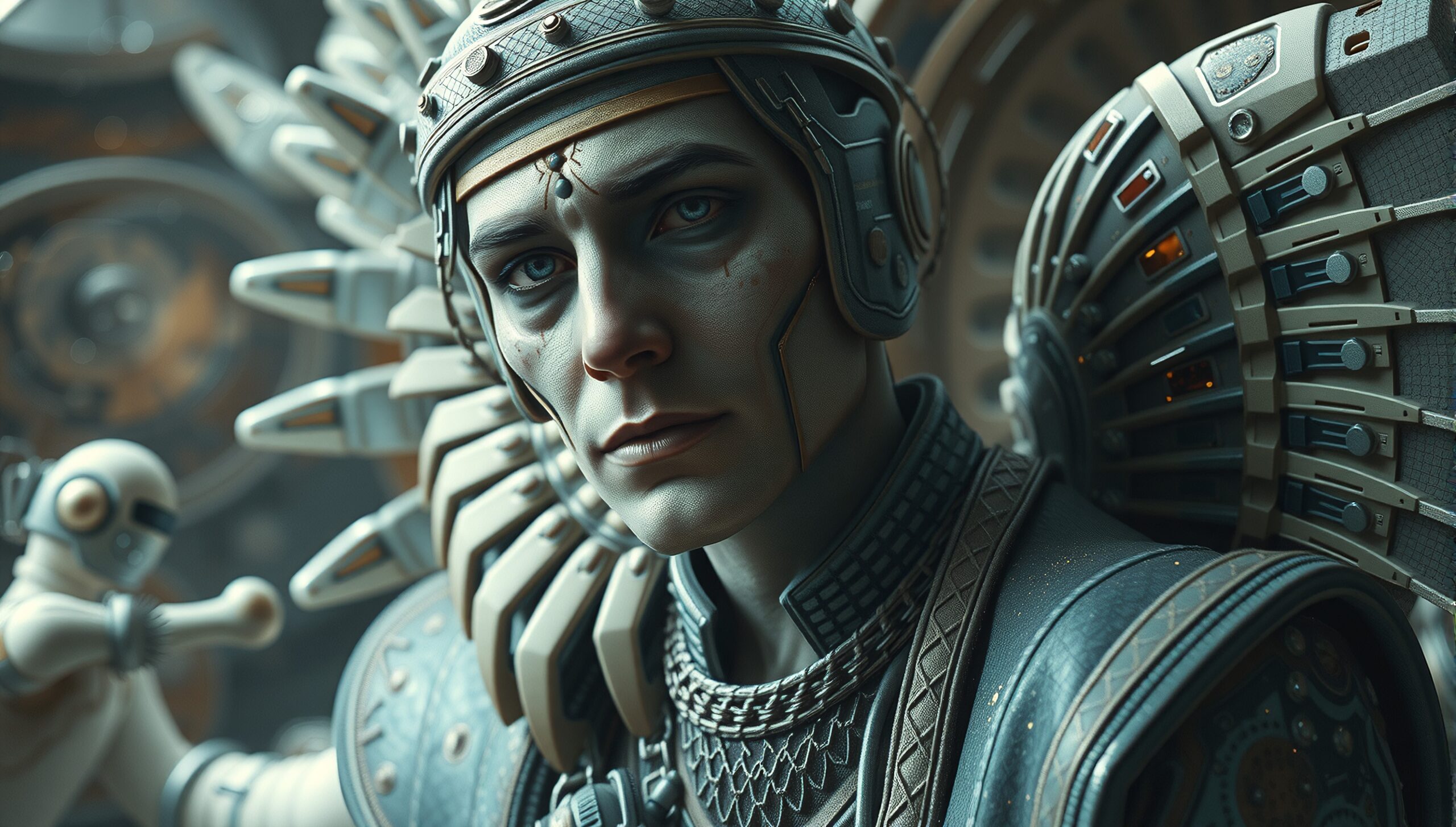 Futuristic Guardian with Mechanical Companion