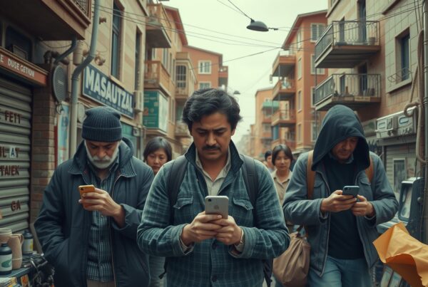 A diverse group of people engrossed in smartphones while walking down a bustling urban street.