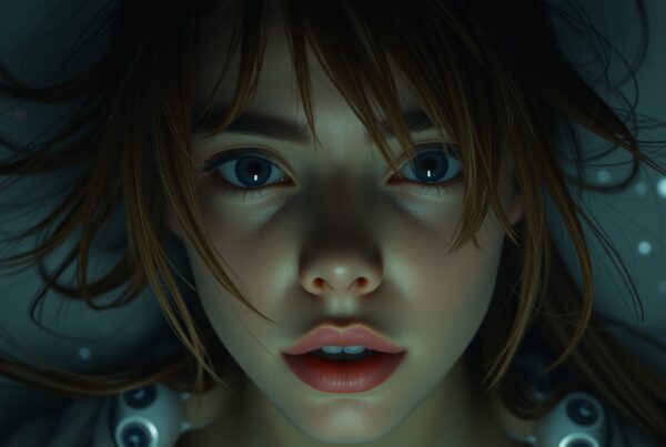 Realistic digital portrait of a woman with blue eyes, vivid expression, and dark atmospheric background.