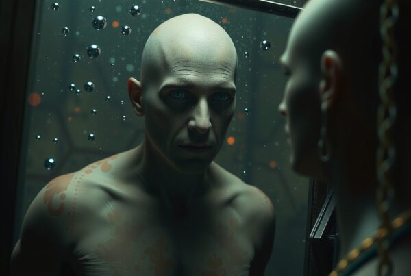A bald figure with tattoos reflects thoughtfully in a dimly lit mirror, surrounded by small floating spheres, creating an enigmatic atmosphere.