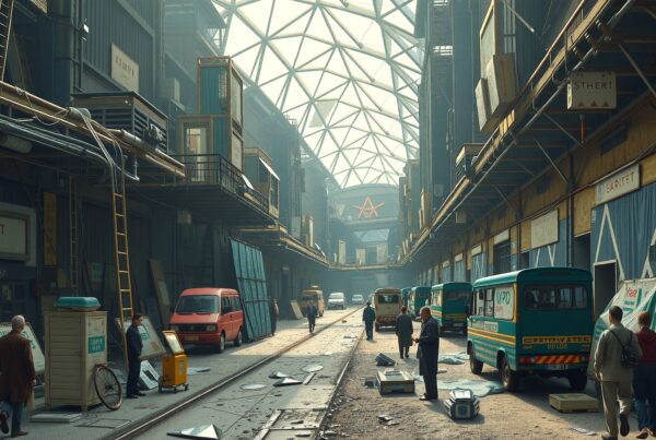 Bustling indoor urban market scene with vehicles and people.