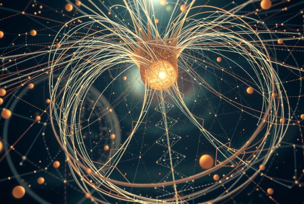 Abstract digital network visualization with glowing lines and spheres.
