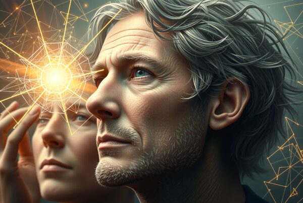 An evocative image of a middle-aged man and woman with a glowing geometric network emerging from the forehead, symbolizing the fusion of human consciousness and digital technology.