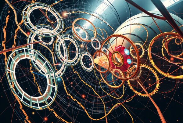 Abstract digital gears in space; vivid orange, blue, white.