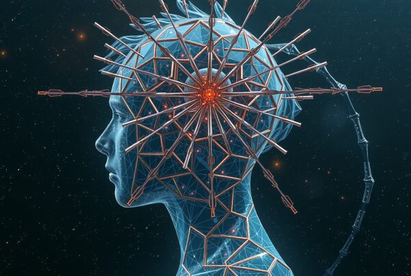 "Futuristic depiction of a human head with geometric and circuitry elements against a cosmic backdrop."